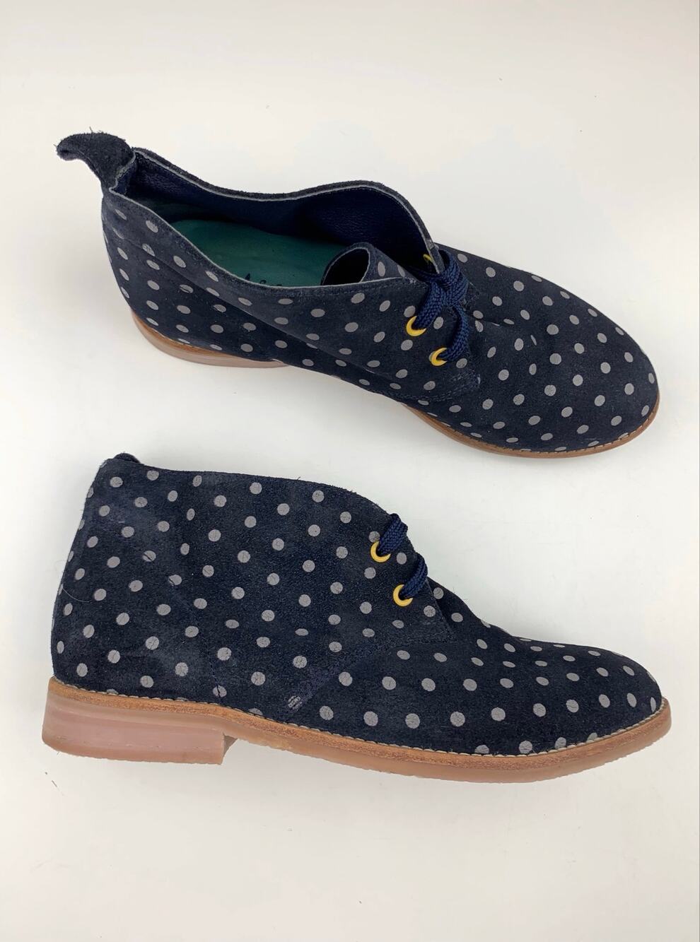 Boden Navy Blue Polka Dot Suede Chukka Desert Boots Lace Up Women's 40 US 9